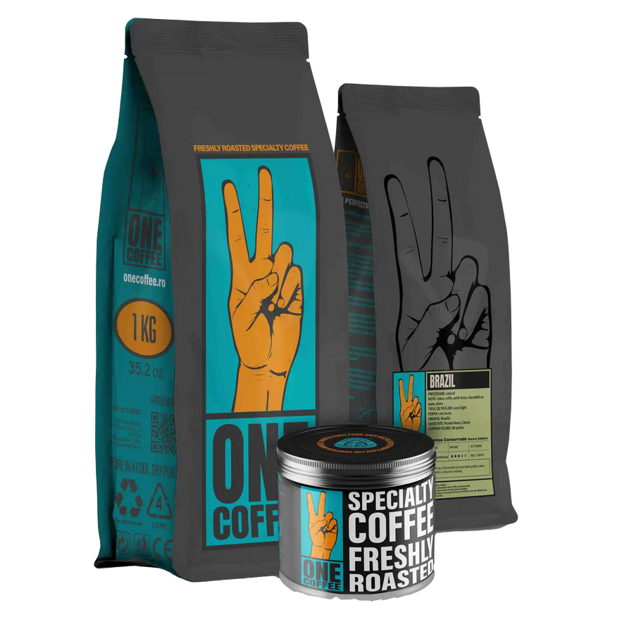 Pungi de cafea ONE Brazilia Santos Sweet Edition și cutie metalică ONE Coffee