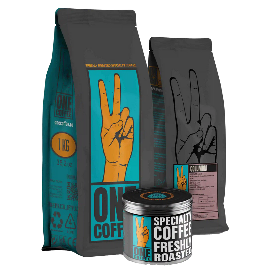 Ambalaje ONE Coffee — pungă de 1 kg, pungă cu eticheta Columbia Excelso Páramo și cutie metalică pentru cafea de specialitate proaspăt prăjită