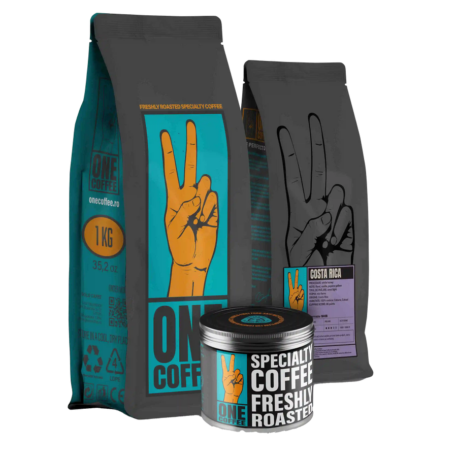 Ambalaje ONE Coffee — pungă de 1 kg, pungă cu eticheta Costa Rica Tarrazú SHB și cutie metalică pentru cafea de specialitate proaspăt prăjită