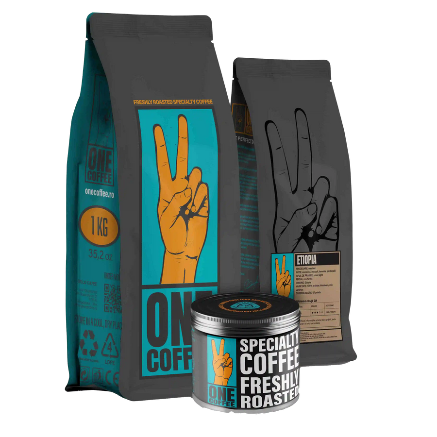 Pungi de cafea de specialitate ONE Etiopia Sidamo Guji G1 și cutie metalică ONE Coffee