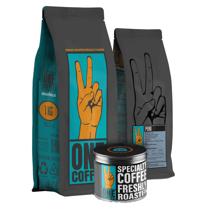 Ambalaje ONE Coffee — pungă de 1 kg, pungă cu eticheta Peru Nueva Florida și cutie metalică