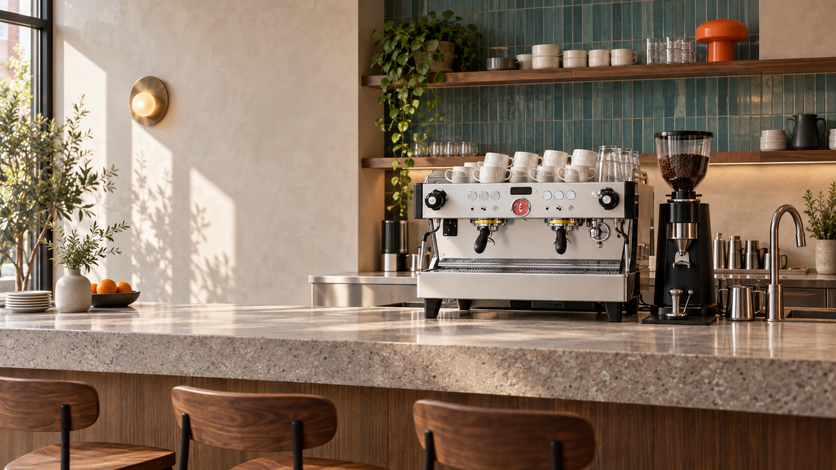 Bar profesional de cafenea cu espressor, râșniță și filtrare de apă, văzut dinspre client