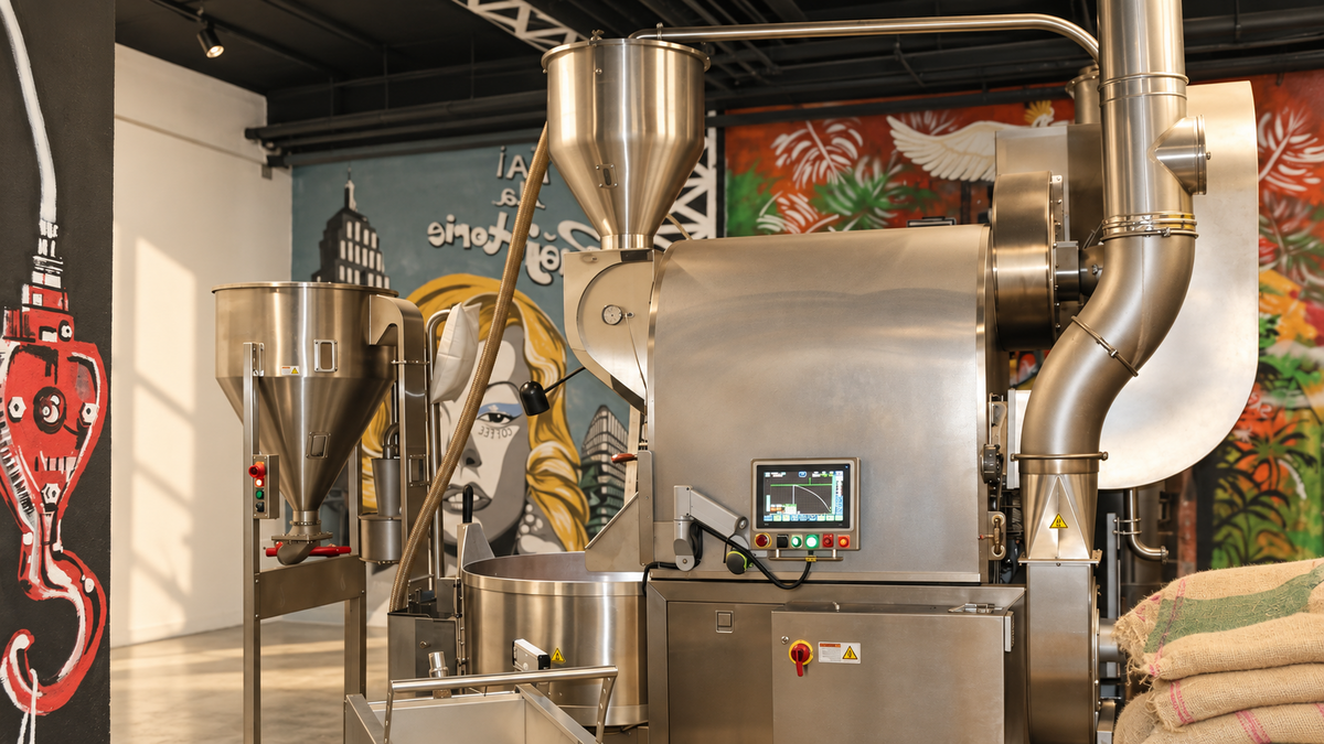 Hală de prăjitorie cu prăjitor industrial, saci de cafea verde și masă de cupping