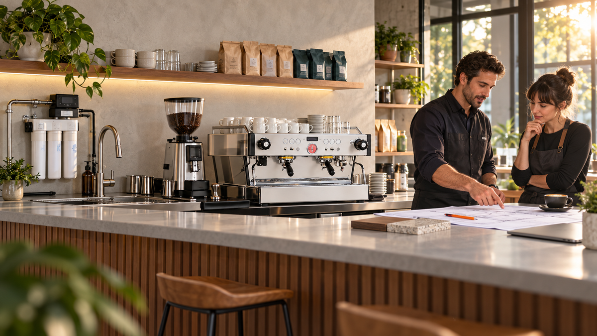 Consultant și proprietar analizând planul unui bar aproape finalizat, cu espressorul deja instalat