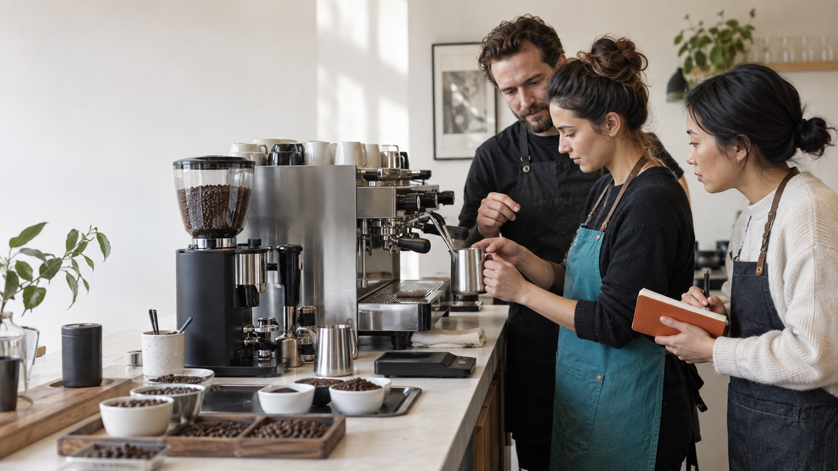Trainer și doi cursanți la espressor, unul lucrează practic, celălalt notează