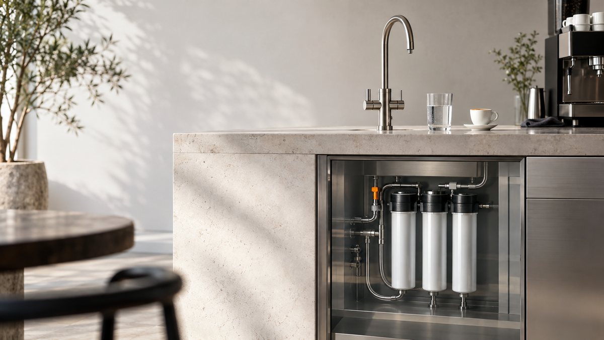 Robinet de apă filtrată pe blat, cu sistemul de filtrare profesional montat sub blat