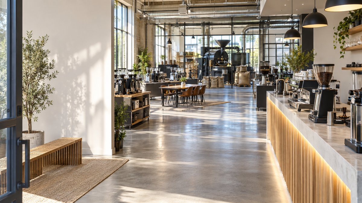 Showroom ONE Coffee văzut de la intrare, cu barul de demonstrație și prăjitoria în fundal