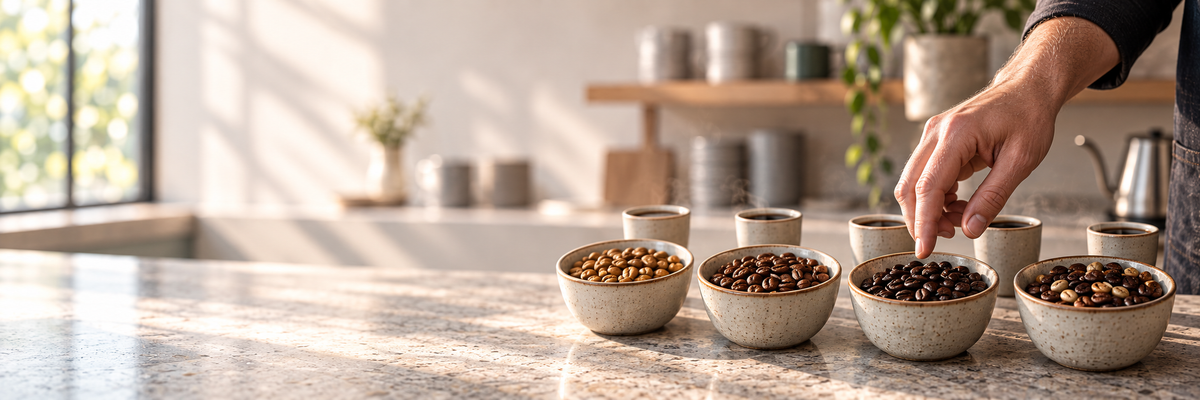 Patru boluri cu boabe prăjite diferit și o mână care alege profilul de cafea