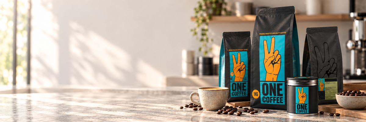 Masă de cupping cu boabe de cafea, pungi fără etichetă și fructe folosite ca repere de gust