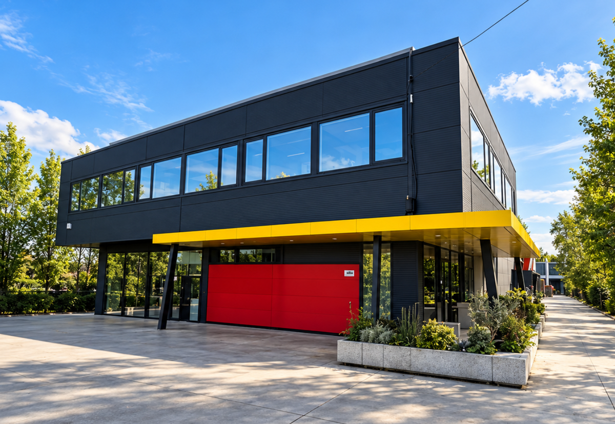 Fațada clădirii ONE Coffee de pe Strada Buiacului nr. 21 din Mogoșoaia, cu intrarea în showroom