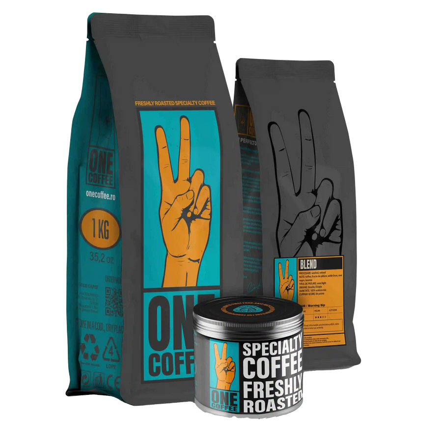 Ambalaje ONE Coffee — pungă de 1 kg, pungă cu eticheta Blend 7AM / Morning Sip și cutie metalică