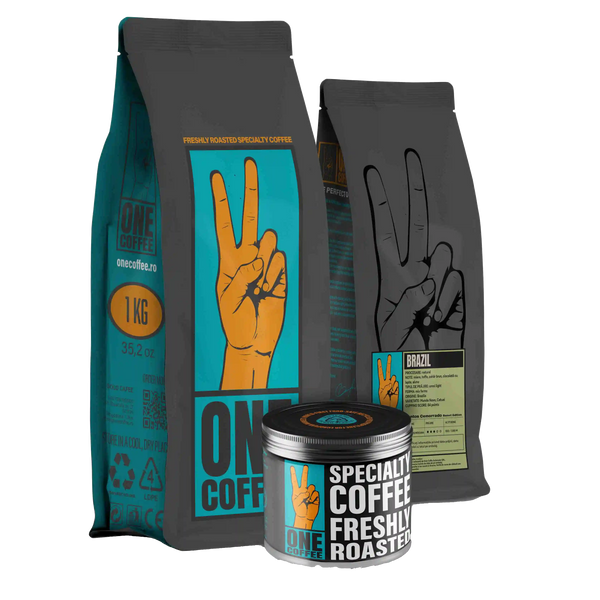Pungi de cafea ONE Brazilia Santos Sweet Edition și cutie metalică ONE Coffee