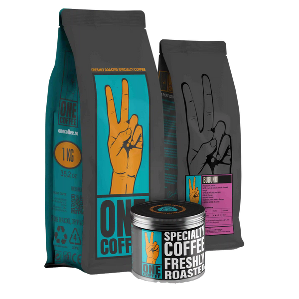 Ambalaje ONE Coffee — pungă de 1 kg, pungă cu eticheta Burundi și cutie metalică pentru cafea de specialitate proaspăt prăjită