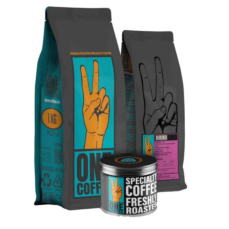Ambalaje ONE Coffee — pungă de 1 kg, pungă cu eticheta Burundi și cutie metalică pentru cafea de specialitate proaspăt prăjită
