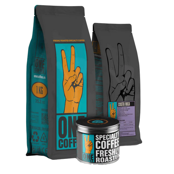 Ambalaje ONE Coffee — pungă de 1 kg, pungă cu eticheta Costa Rica Tarrazú SHB și cutie metalică pentru cafea de specialitate proaspăt prăjită