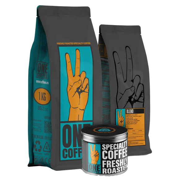 Ambalaje ONE Coffee — pungă de 1 kg, pungă cu eticheta Blend ELEPHANTE și cutie metalică