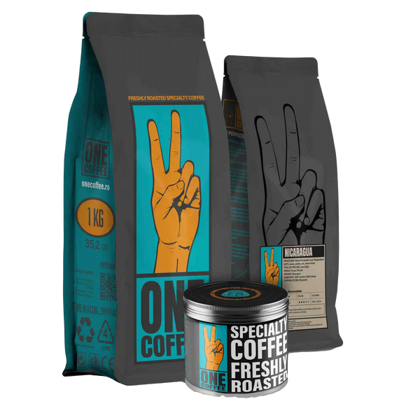 Pungi de cafea de specialitate ONE Nicaragua La Escondida și cutie metalică ONE Coffee