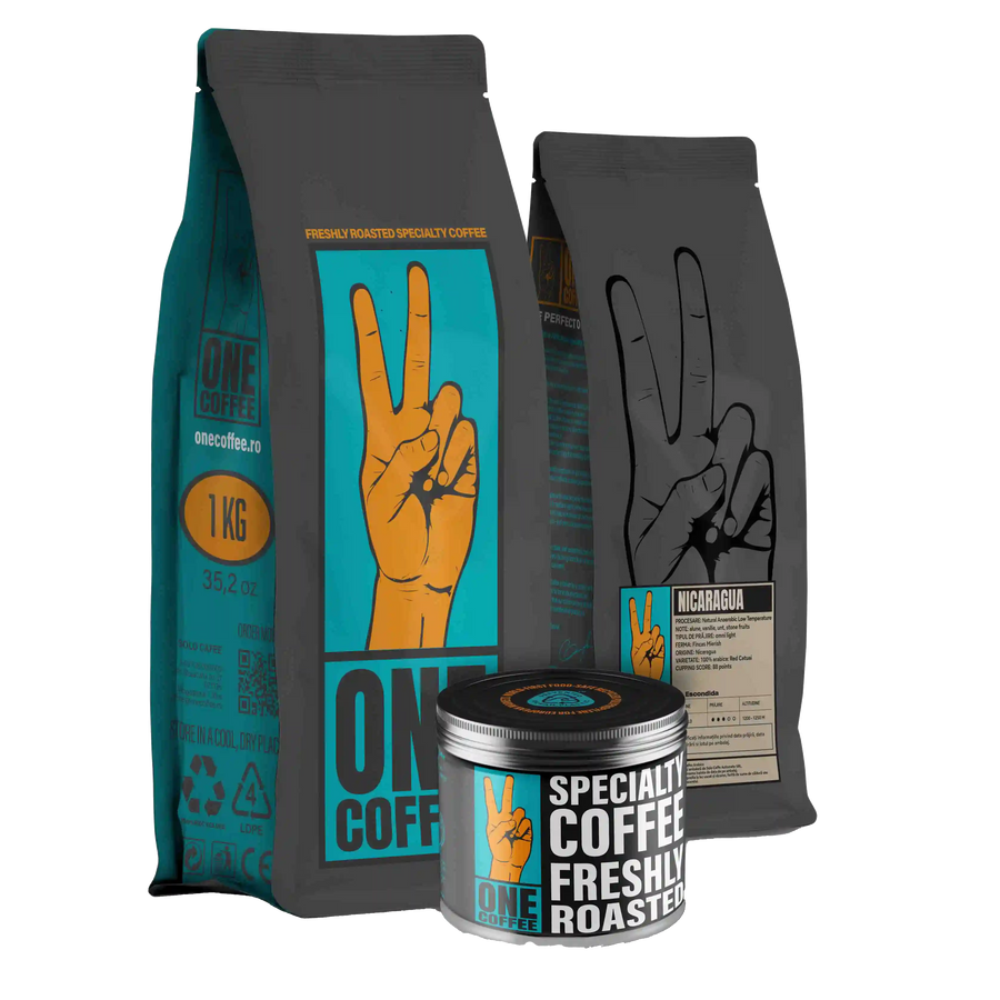 Pungi de cafea de specialitate ONE Nicaragua La Escondida și cutie metalică ONE Coffee