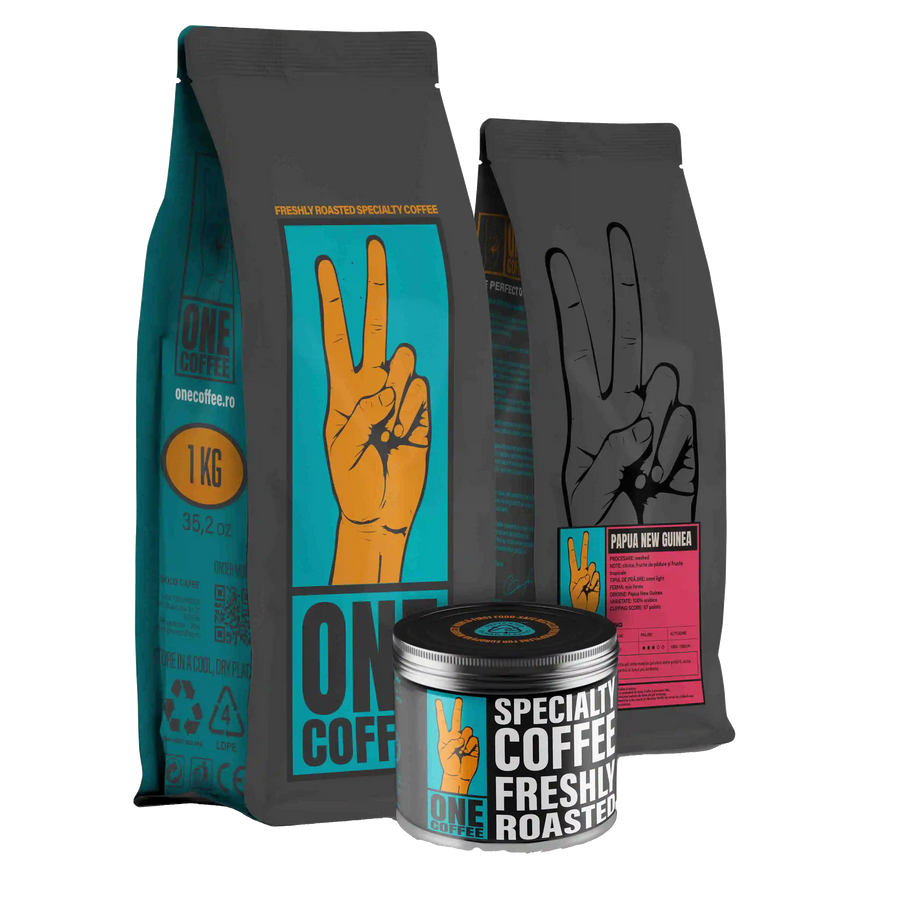 Ambalaje ONE Coffee — pungă de 1 kg, pungă cu eticheta Papua New Guinea și cutie metalică