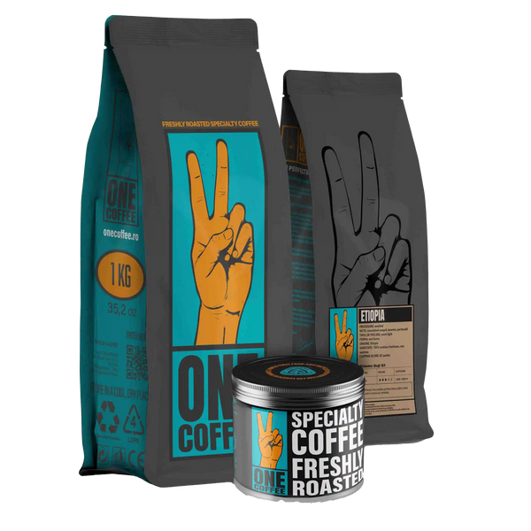 Pungi de cafea de specialitate ONE Etiopia Sidamo Guji G1 și cutie metalică ONE Coffee