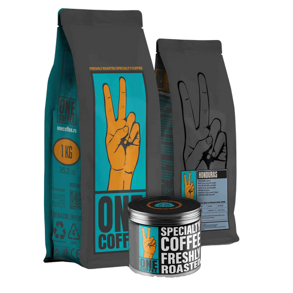 Ambalaje ONE Coffee — pungă de 1 kg, pungă cu eticheta Honduras Finca Azul Esmeralda și cutie metalică pentru cafea de specialitate proaspăt prăjită