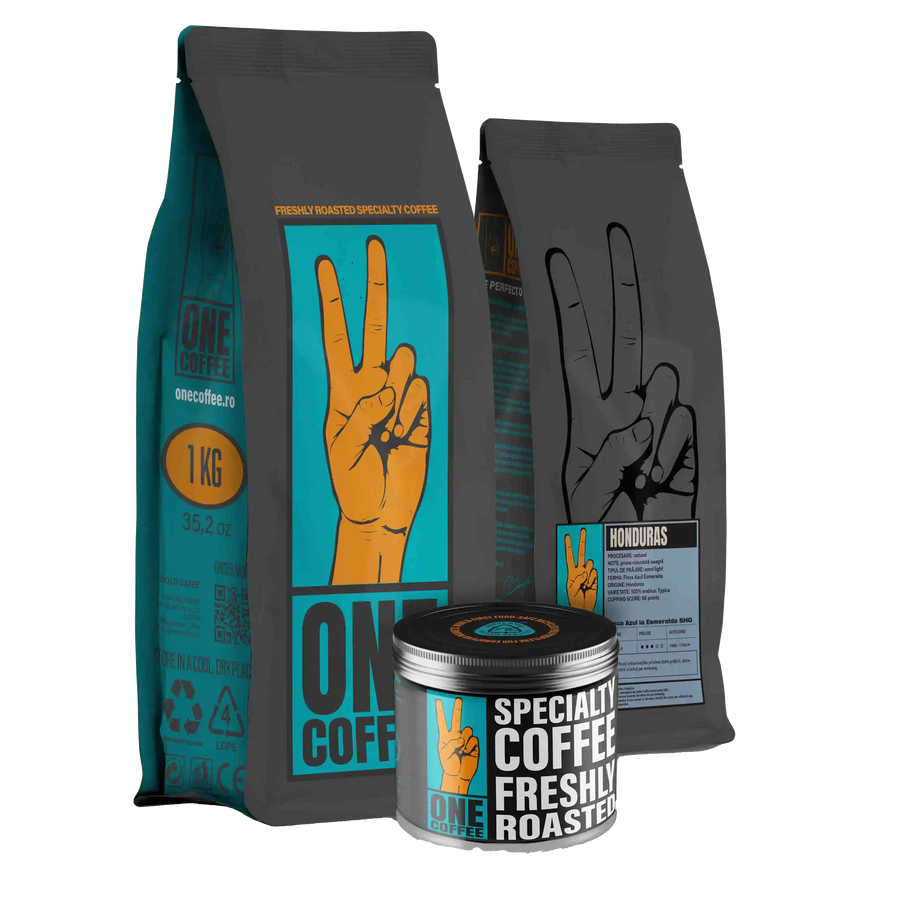 Ambalaje ONE Coffee — pungă de 1 kg, pungă cu eticheta Honduras Finca Azul Esmeralda și cutie metalică pentru cafea de specialitate proaspăt prăjită
