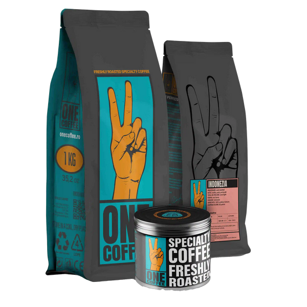 Ambalaje ONE Coffee — pungă de 1 kg, pungă cu eticheta Indonezia Sumatra și cutie metalică pentru cafea de specialitate proaspăt prăjită