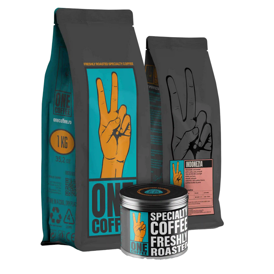 Ambalaje ONE Coffee — pungă de 1 kg, pungă cu eticheta Indonezia Sumatra și cutie metalică pentru cafea de specialitate proaspăt prăjită