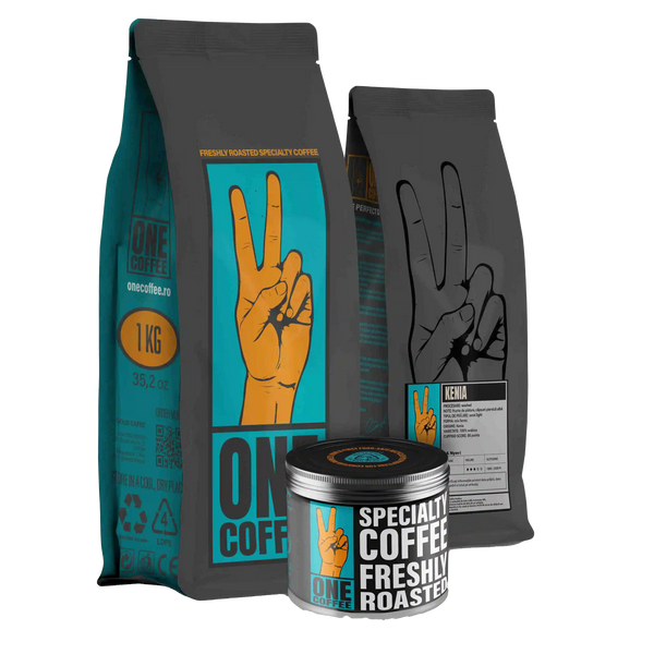 Ambalaje ONE Coffee — pungă de 1 kg, pungă cu eticheta Kenia AA Nyeri și cutie metalică pentru cafea de specialitate proaspăt prăjită