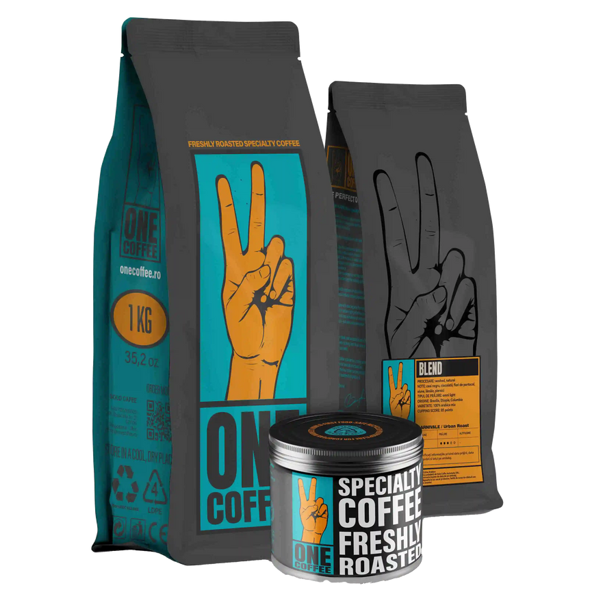 Ambalaje ONE Coffee — pungă de 1 kg, pungă cu eticheta Blend CARNIVALE / Urban Roast și cutie metalică