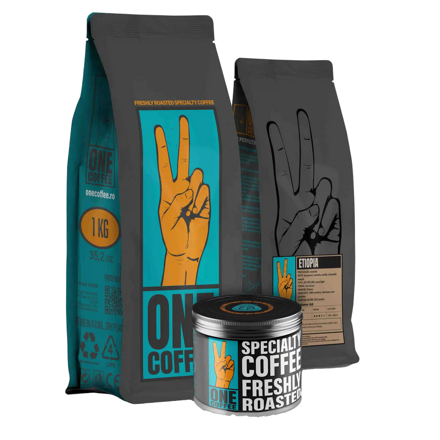 Pungi de cafea de specialitate ONE Etiopia Sidamo G2 și cutie metalică ONE Coffee